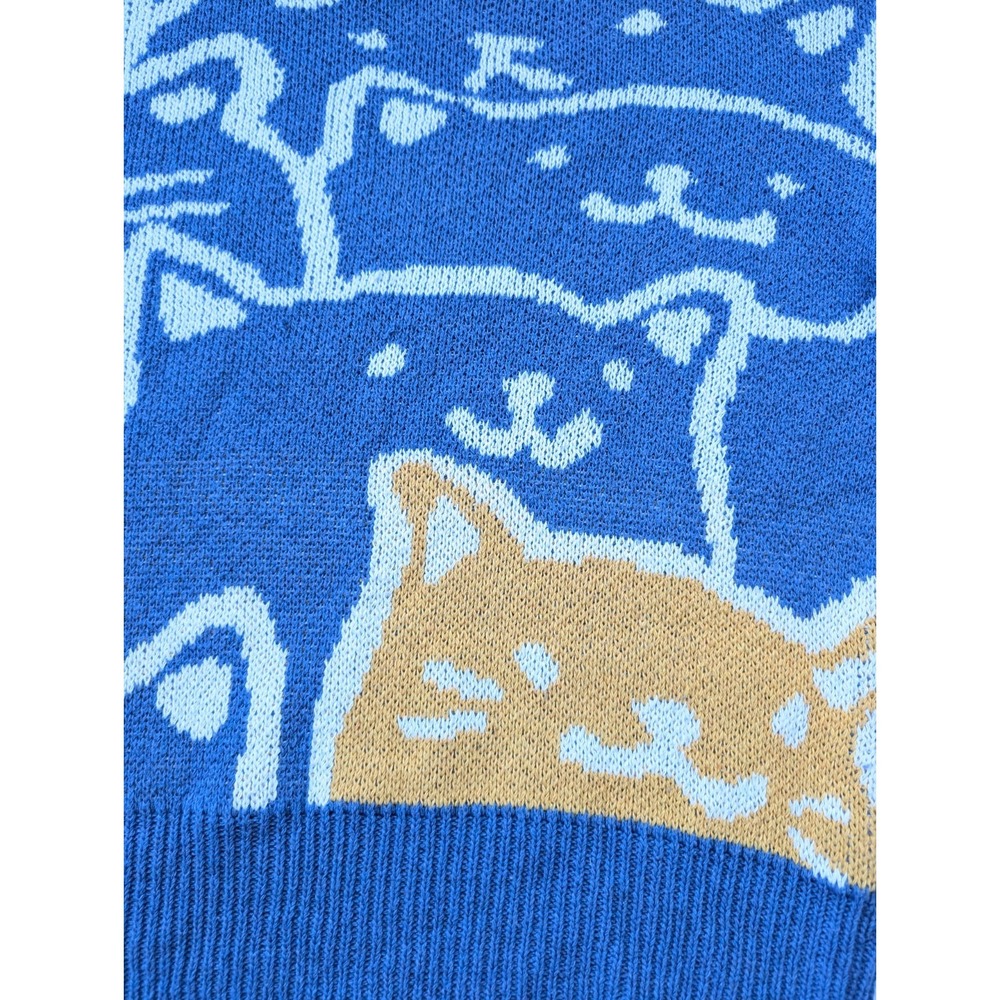 Roven Dino Cat Graphic Sweater Fits Womens Large Blue Boxy - Picture 2 of 6